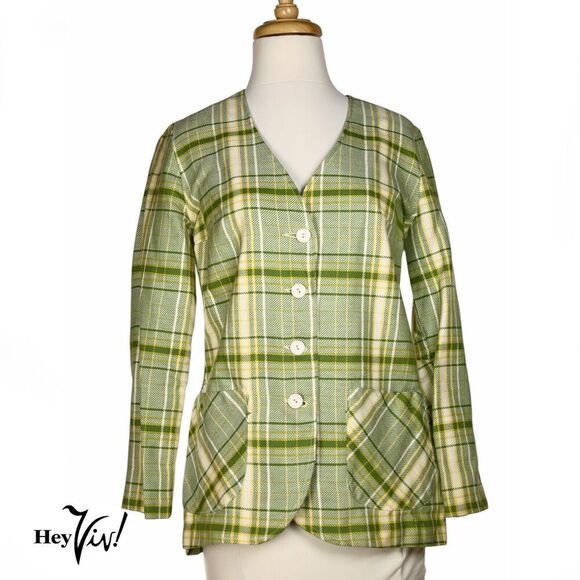 Vintage 60s Collarless Jacket Green Plaid Pockets Union Tag Size 11-12 - Hey Viv - Picture 1 of 12